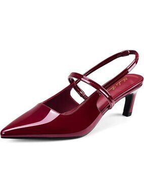 Women's Wine Red Chunky High Heel Slingback Low Pumps Pointed Closed Toe Shoes